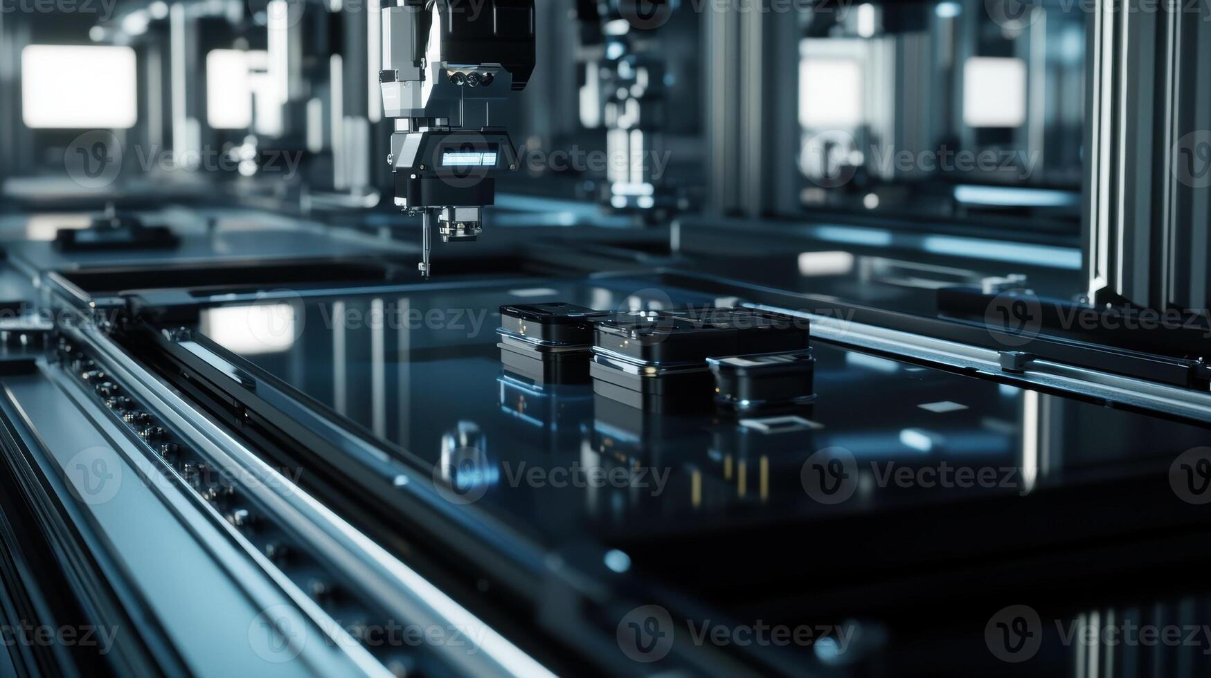 Robotic arm placing components on circuit board in automated electronics factory photo