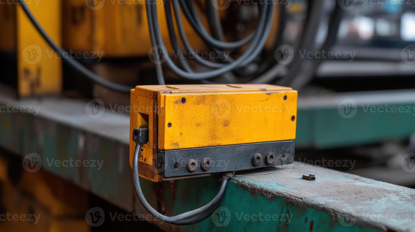 Yellow industrial sensor detecting metal objects on conveyor belt photo