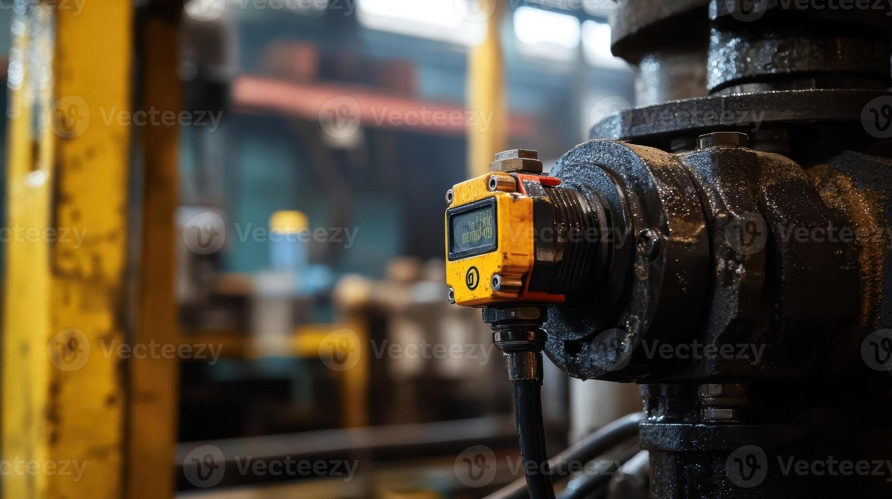 Yellow sensor monitoring industrial pipe in factory photo