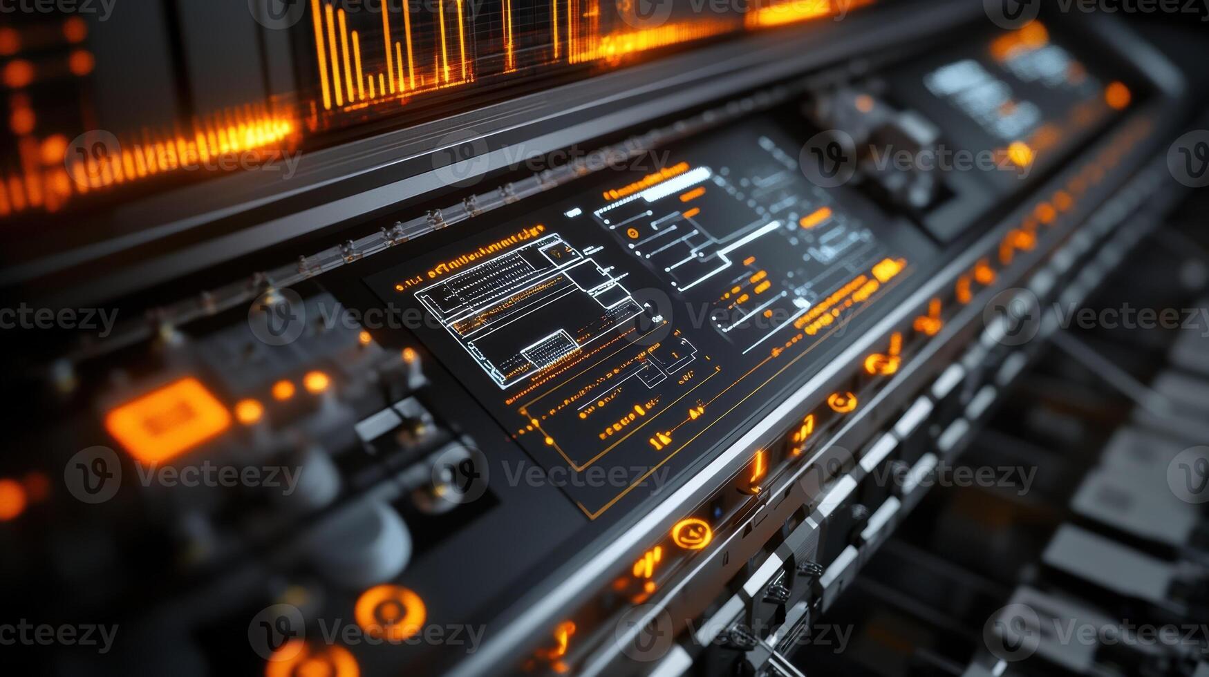 Futuristic server room control panel showing real time data analysis and system diagnostics photo