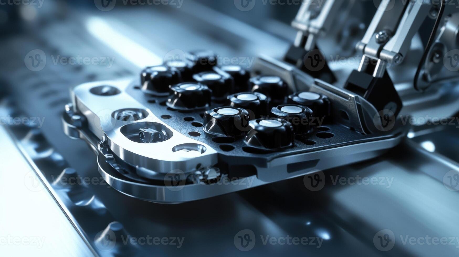 Robotic arm handling components on production line in modern factory photo