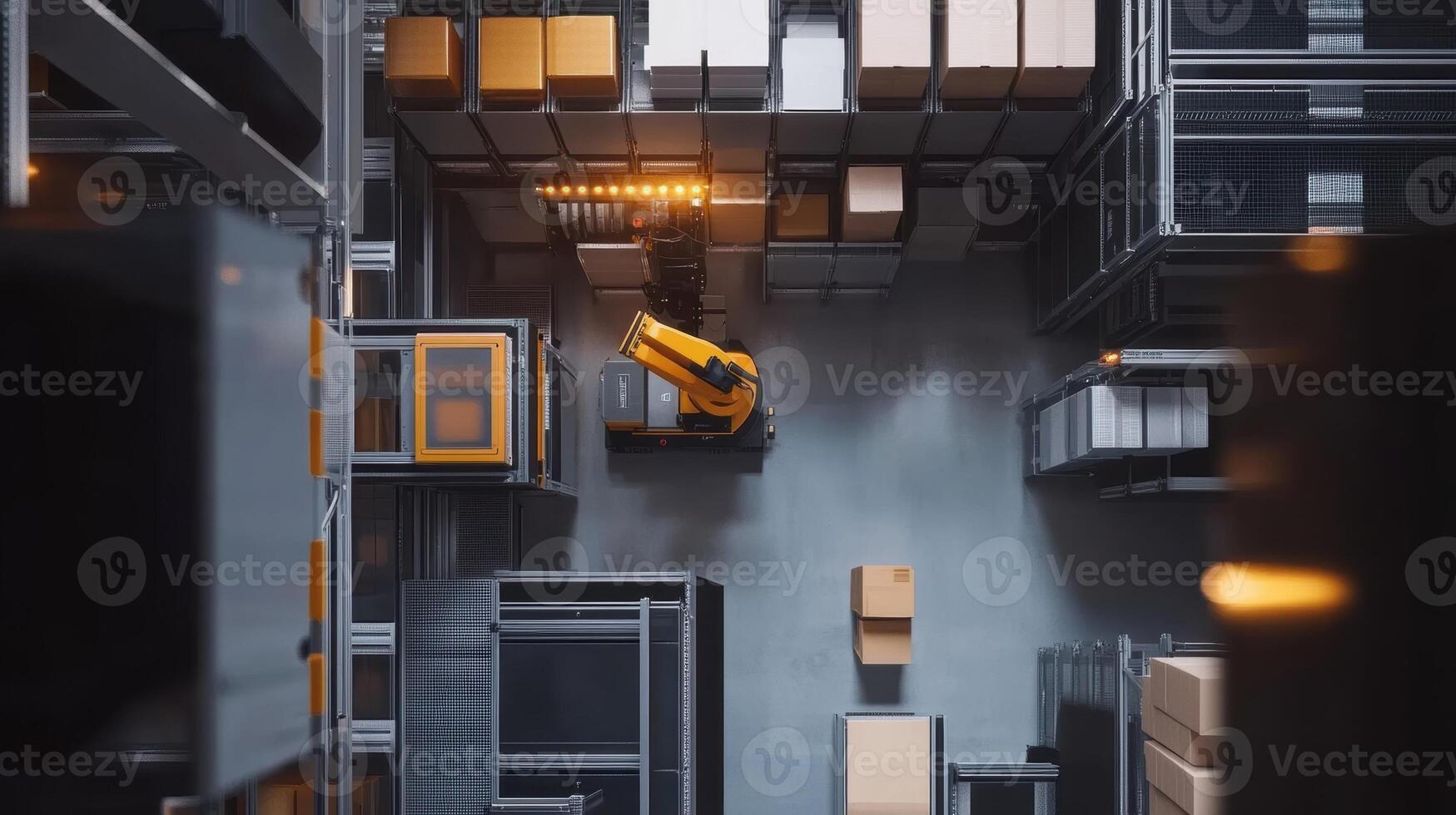 Robotic arm moving boxes in modern automated warehouse photo