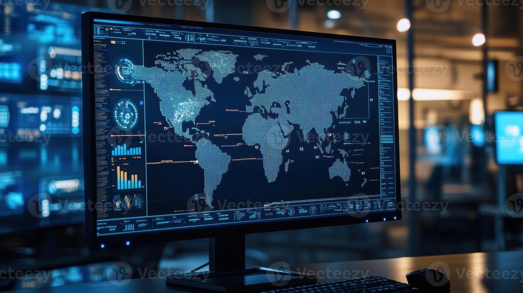 Computer screen showing world map and data analysis in monitoring room photo