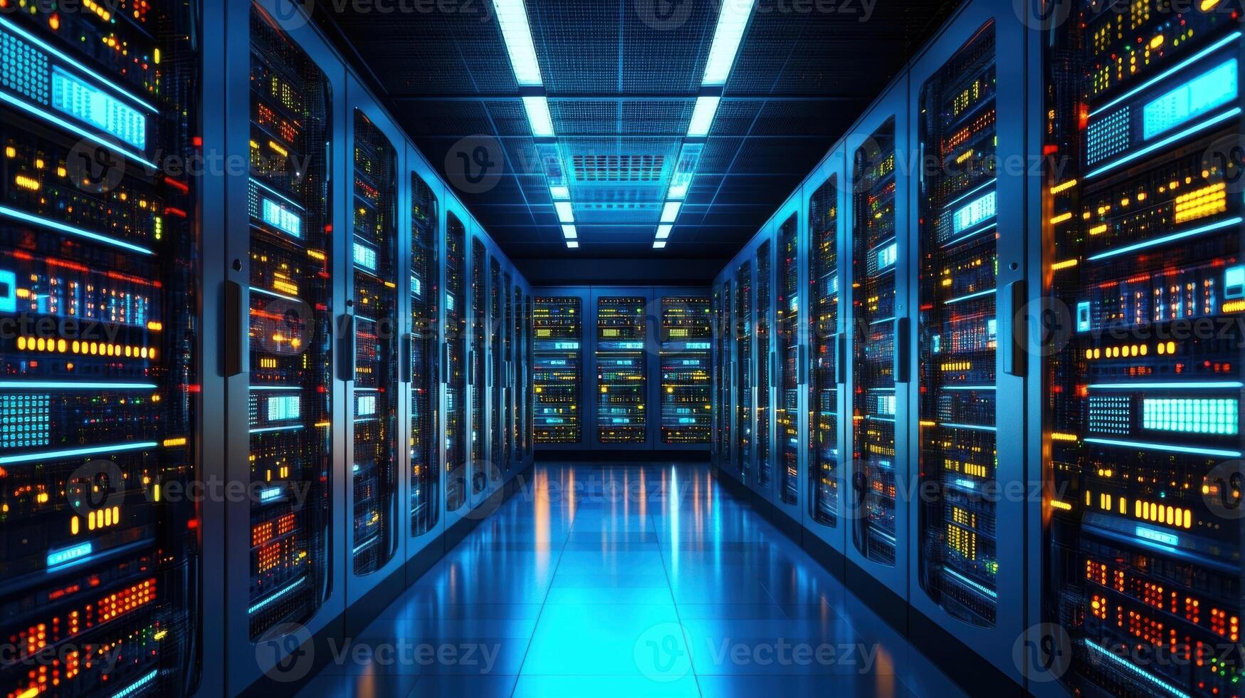 Server room hosting blinking led lights in data center photo