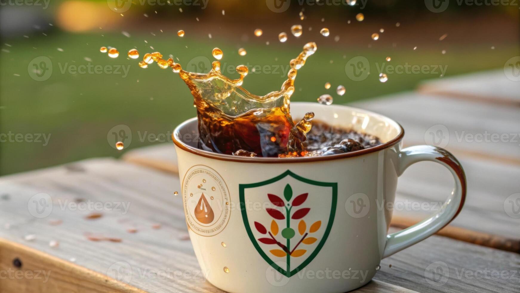 The vibrant hues of ashwagandha tea spill over the rim of an artisanal cup droplets caught midair. Beneath the cup a vivid shield graphic composed of intertwining plants. photo