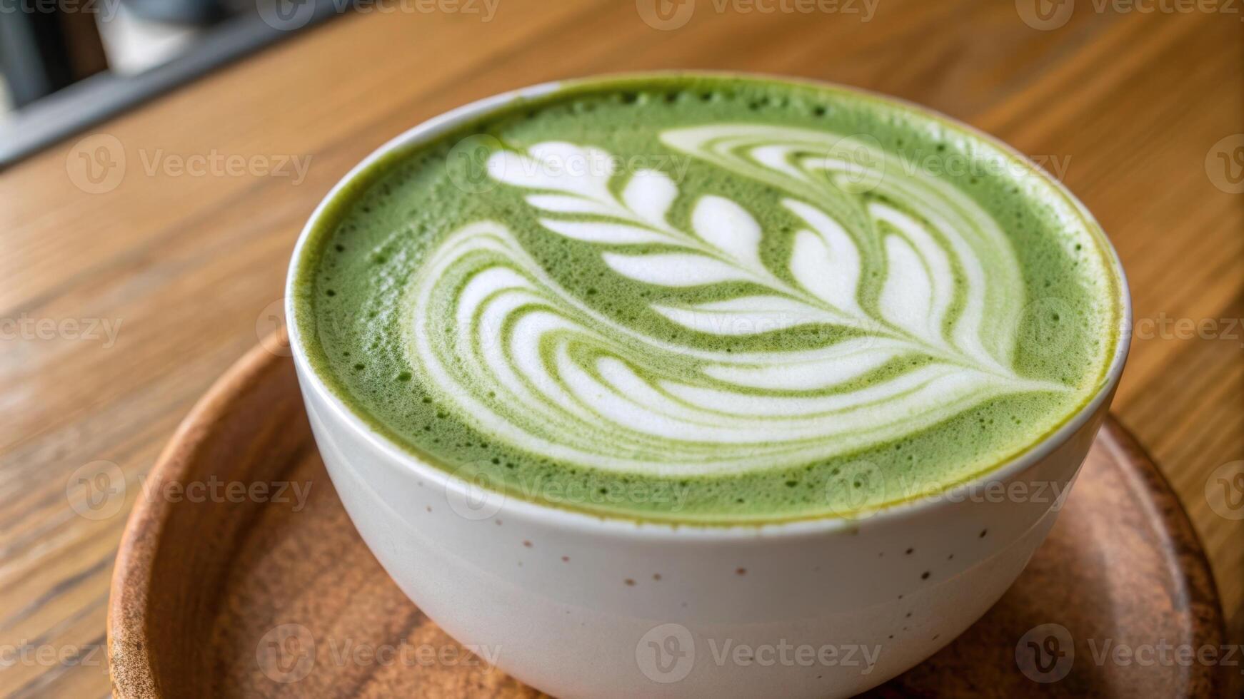 A closeup reveals the intricate patterns of foam artistry on the surface of a matcha latte the luminous green interwoven with gentle wisps that evoke clouds. The warm wooden. photo