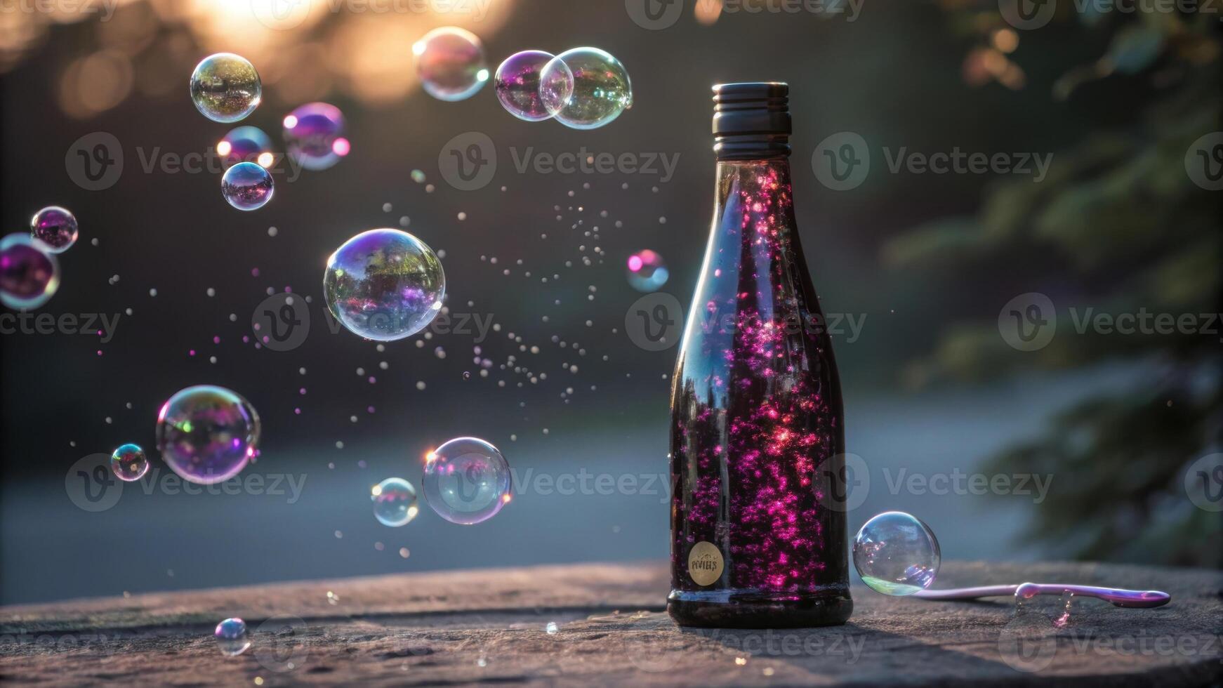 A closeup angle highlights a sleek bottle where the vibrant sparkling contents appear to be alive. Opaque probiotic bubbles together shimmering like jewels inside the dark. photo