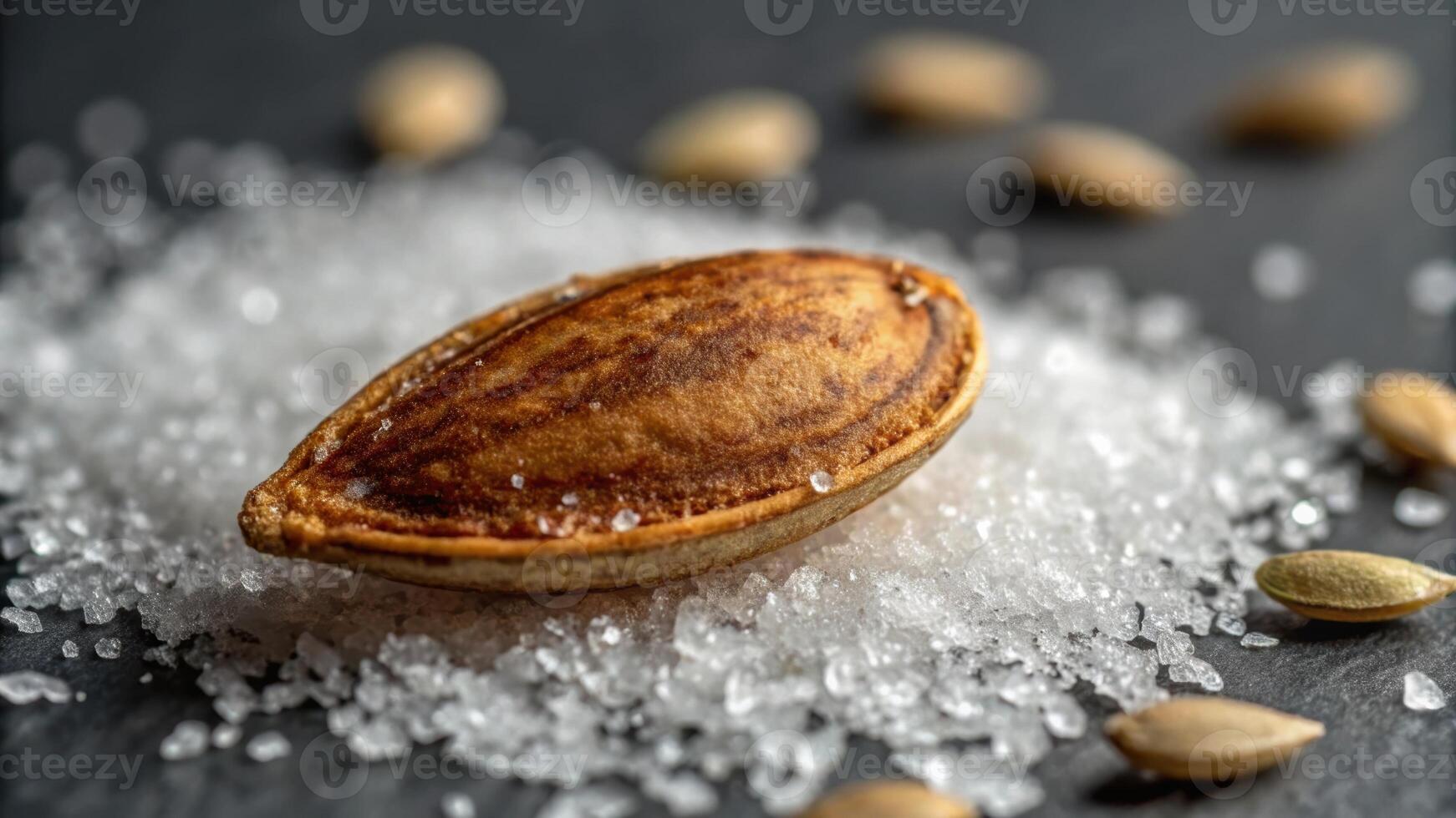 A macro shot of a single pumpkin seed perfectly roasted and glistening under a bright light. The seeds unique pattern is accentuated showcasing its richness and hue.. photo