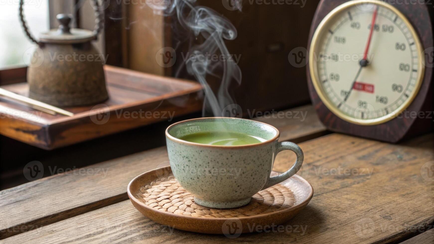 The scene captures a wooden table where a traditional ceramic cup of green tea rests wisps of steam rising gracefully. In the backdrop a faint silhouette of a pressure gauge. photo
