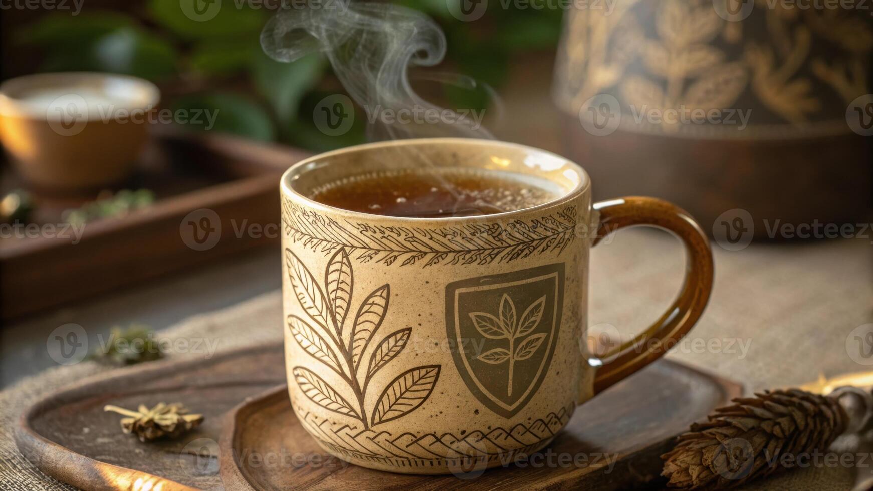 Close up of a handcrafted ceramic mug filled with deep golden ashwagandha tea its surface shimmering slightly as steam rises. Intricate patterns of leaves swirl around a. photo