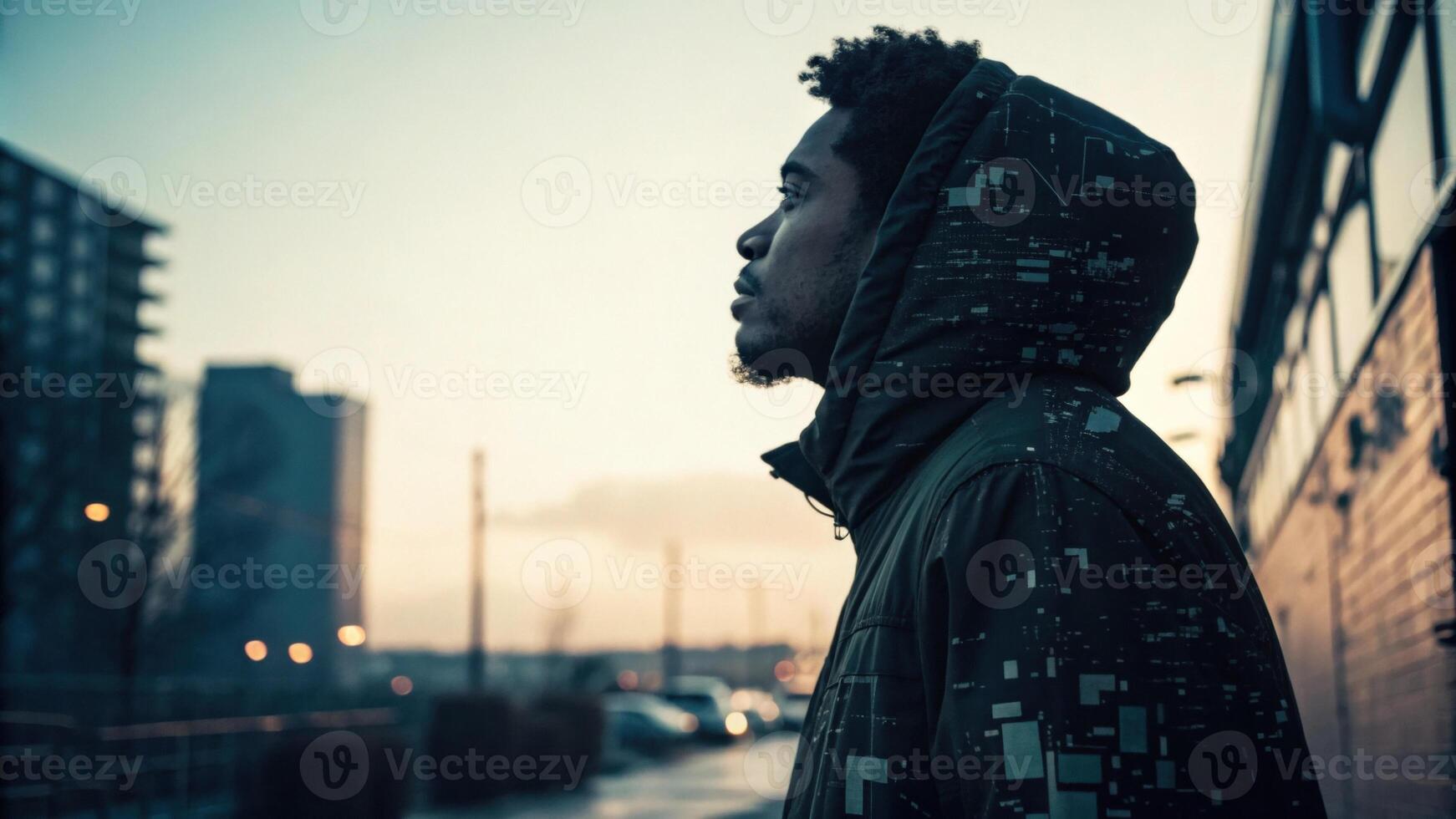 A captured moment of thoughtfulness with the subject looking slightly away from the camera. Highcontrast lighting defines their silhouette while the glitch overlay introduces. photo