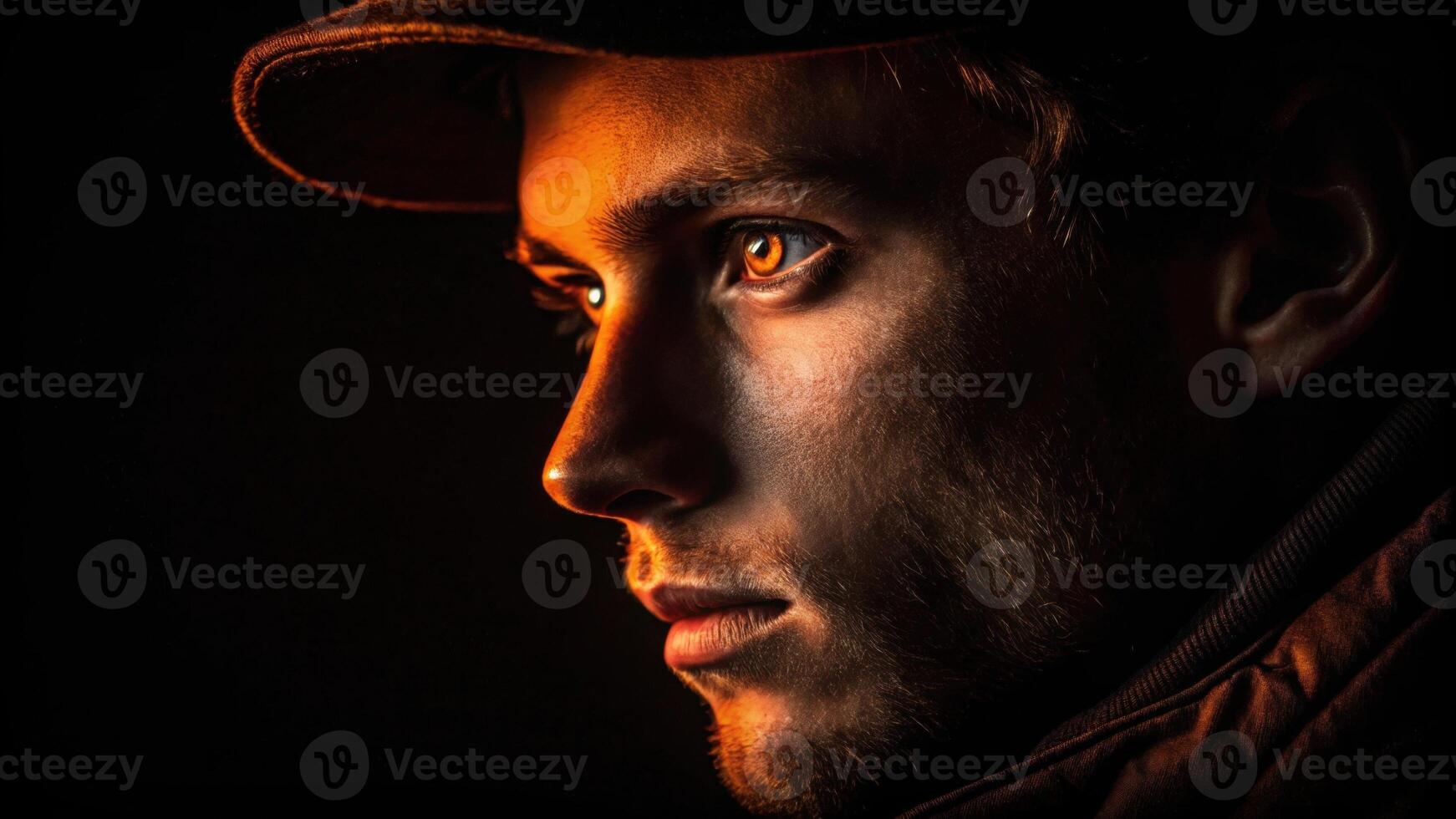 A dramatic portrait showing the lower half of the face in shadow with the upper half illuminated in a striking orange neon light that draws attention to the eyes revealing a. photo