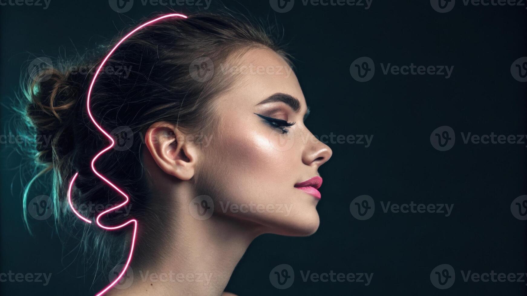 A chic profile view with a sleek neon outline that draws attention to the subtle nuances of the face enhancing the beauty of the eyes and the gentle smile.. photo