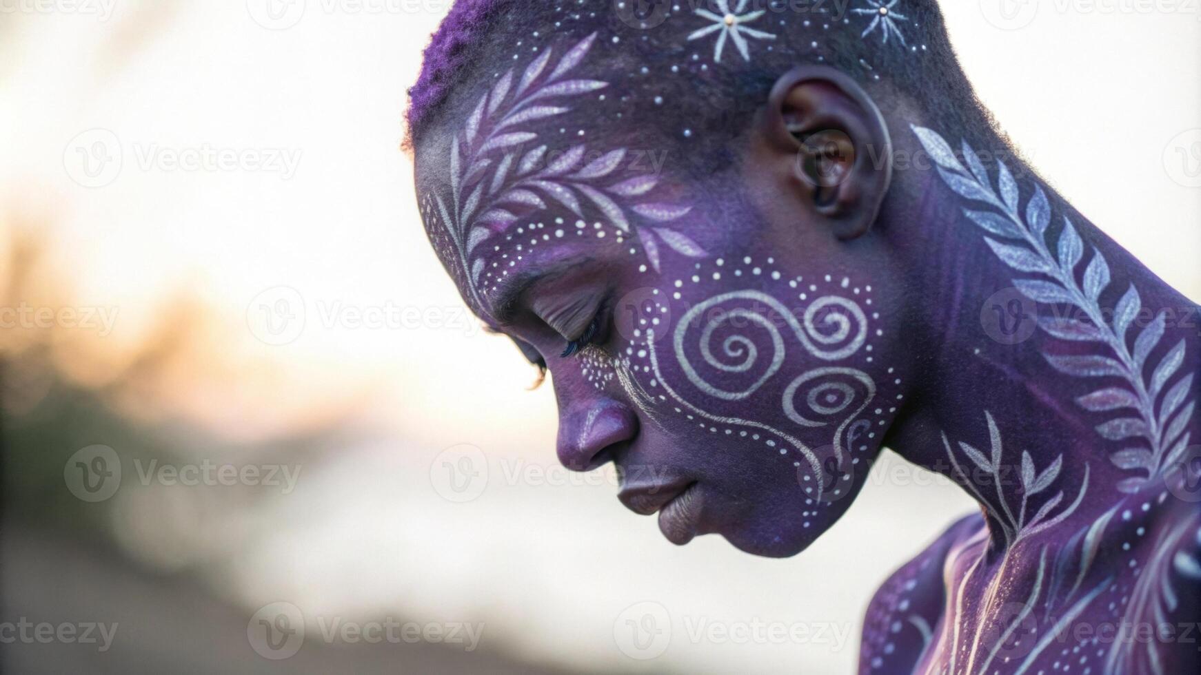 A captivating portrait that features a person lost in thought their skin adorned with intricate patterns of violet and silver shadows. The artistic interplay of colors creates an. photo