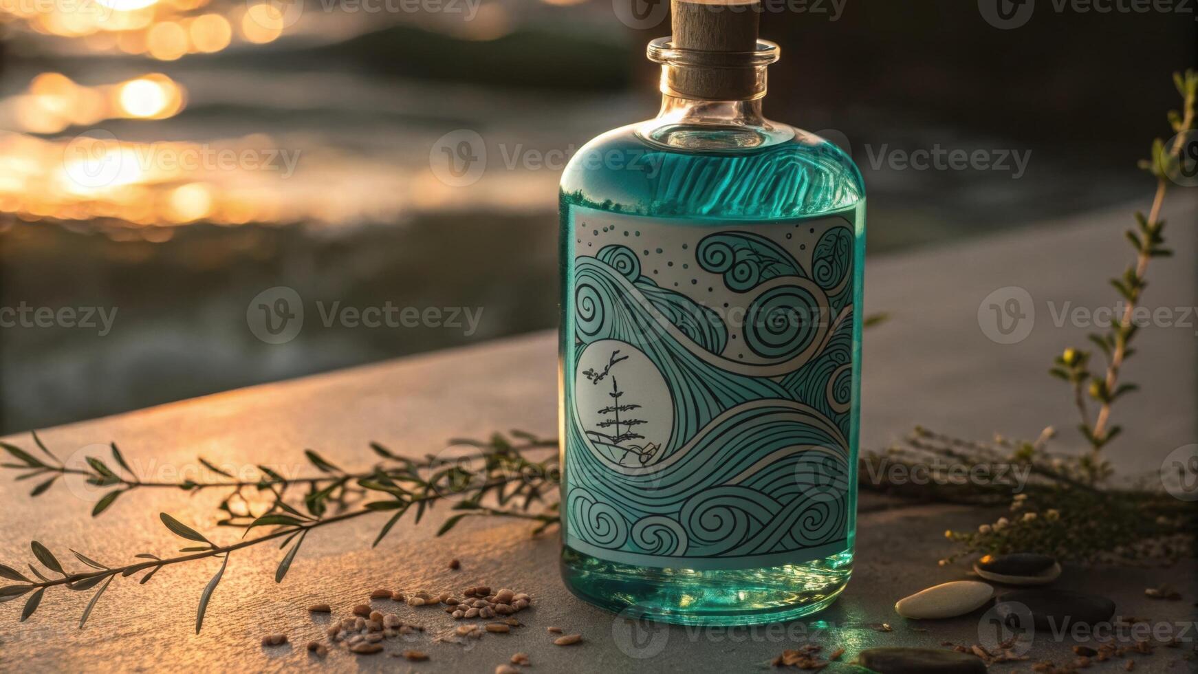 A dramatic closeup reveals the intricate label design on the bottle showcasing swirling patterns reminiscent of calming ocean waves. The liquid inside glows a tranquil teal. photo