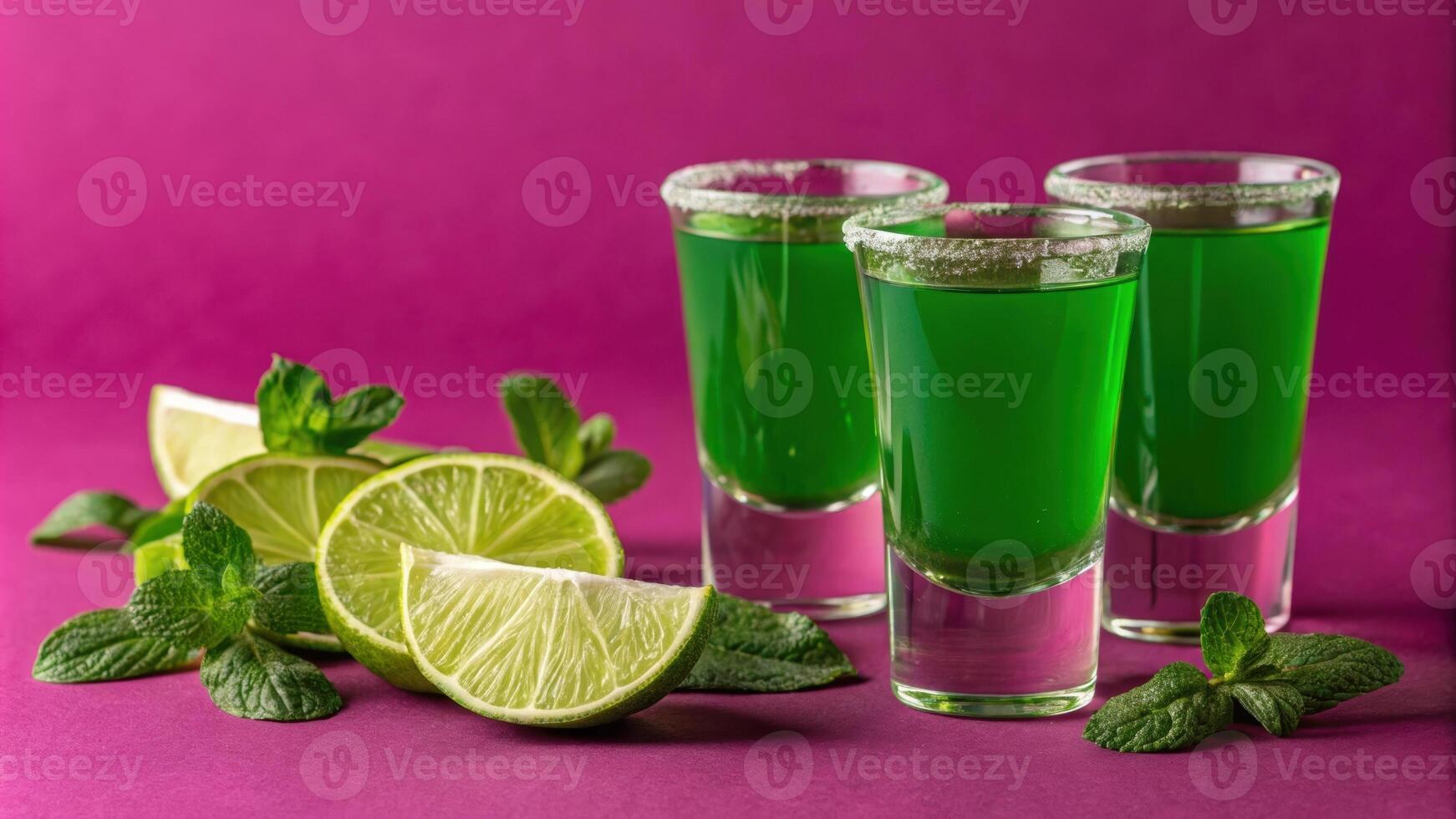 Against a bold fuchsia background a lineup of vibrant green shots radiate health. The chlorophyll elixirs shine brightly with reflective surfaces catching the light while. photo