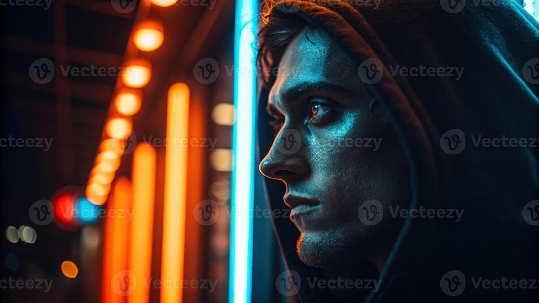 A dramatic portrait of a face where one half is shrouded in dark shadows emphasizing the contours and structure while the other half is uplifted by brilliant neon orange and blue. photo