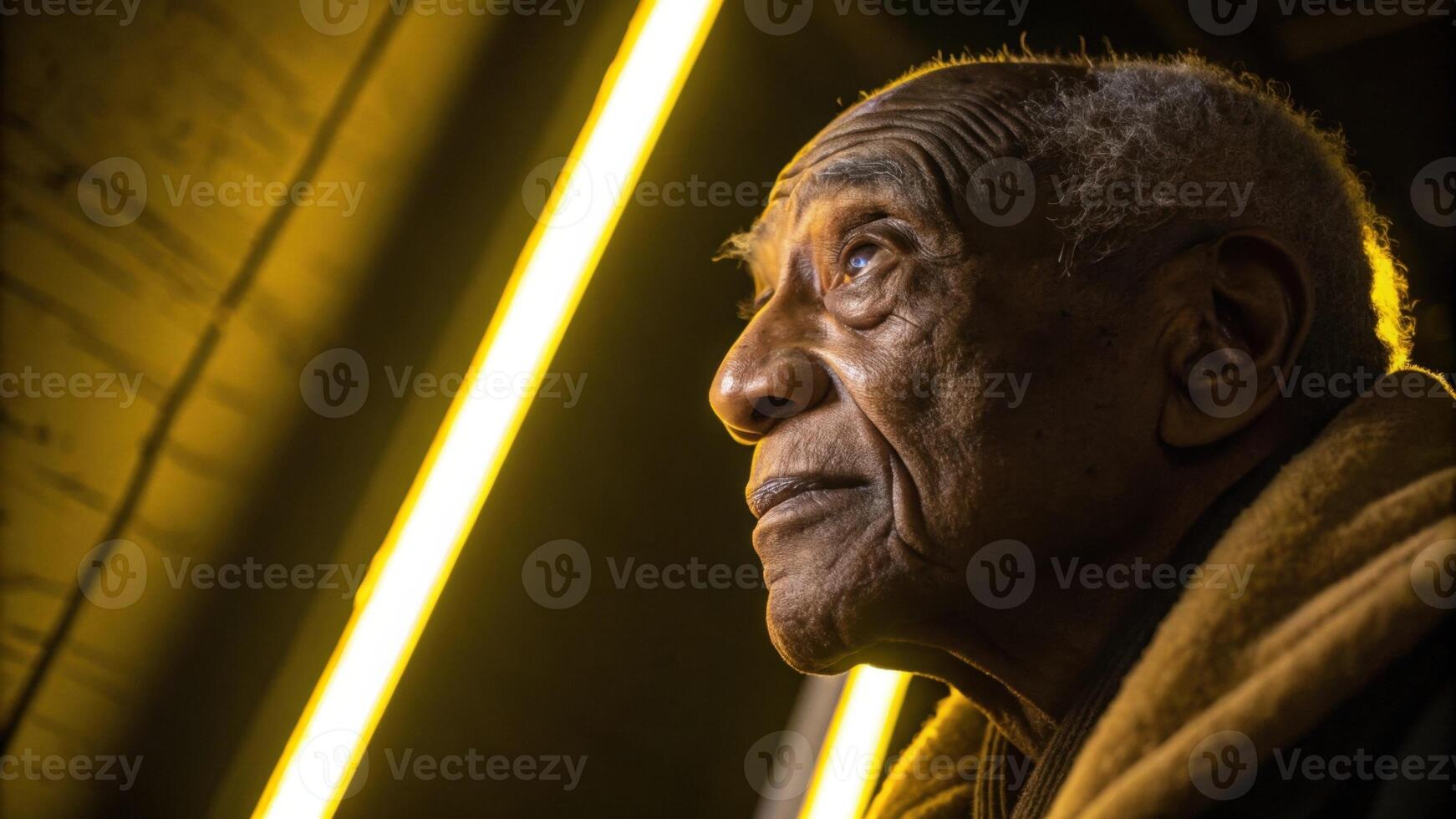 A closeup of an elderly man with deepset eyes illuminated by bright yellow neon light that highlights the wrinkles and textures of his skin. The surrounding shadows create a somber. photo