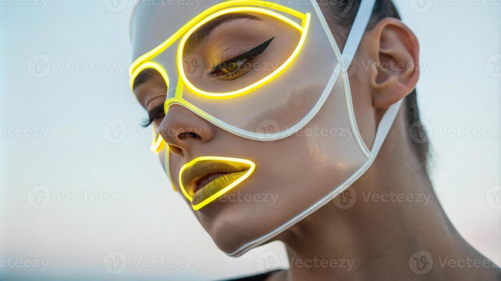 A closeup shot captures a person wearing a translucent face mask with a bold neon yellow glow. The bright outline emphasizes their lips and eyes creating a striking contrast. photo