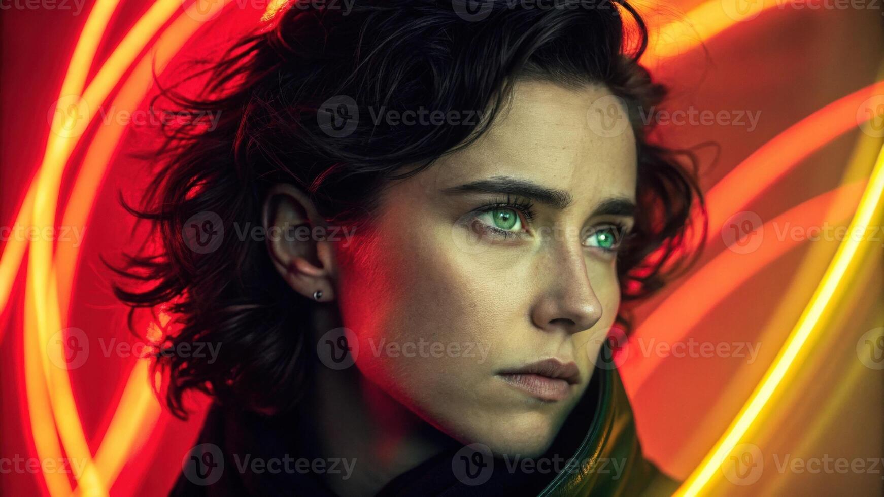 A dramatic headshot showcasing a person with dark wavy hair and striking green eyes. Their focused expression is lit by vibrant red and yellow light leaks that wrap around the. photo