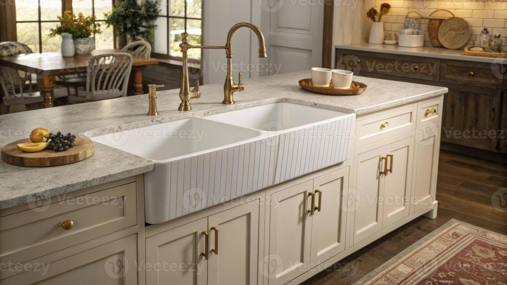 A large deep farmhouse sink sits prominently its apron front enhancing the welcoming atmosphere while offering functional utility paired beautifully with sleek brass faucets.. photo