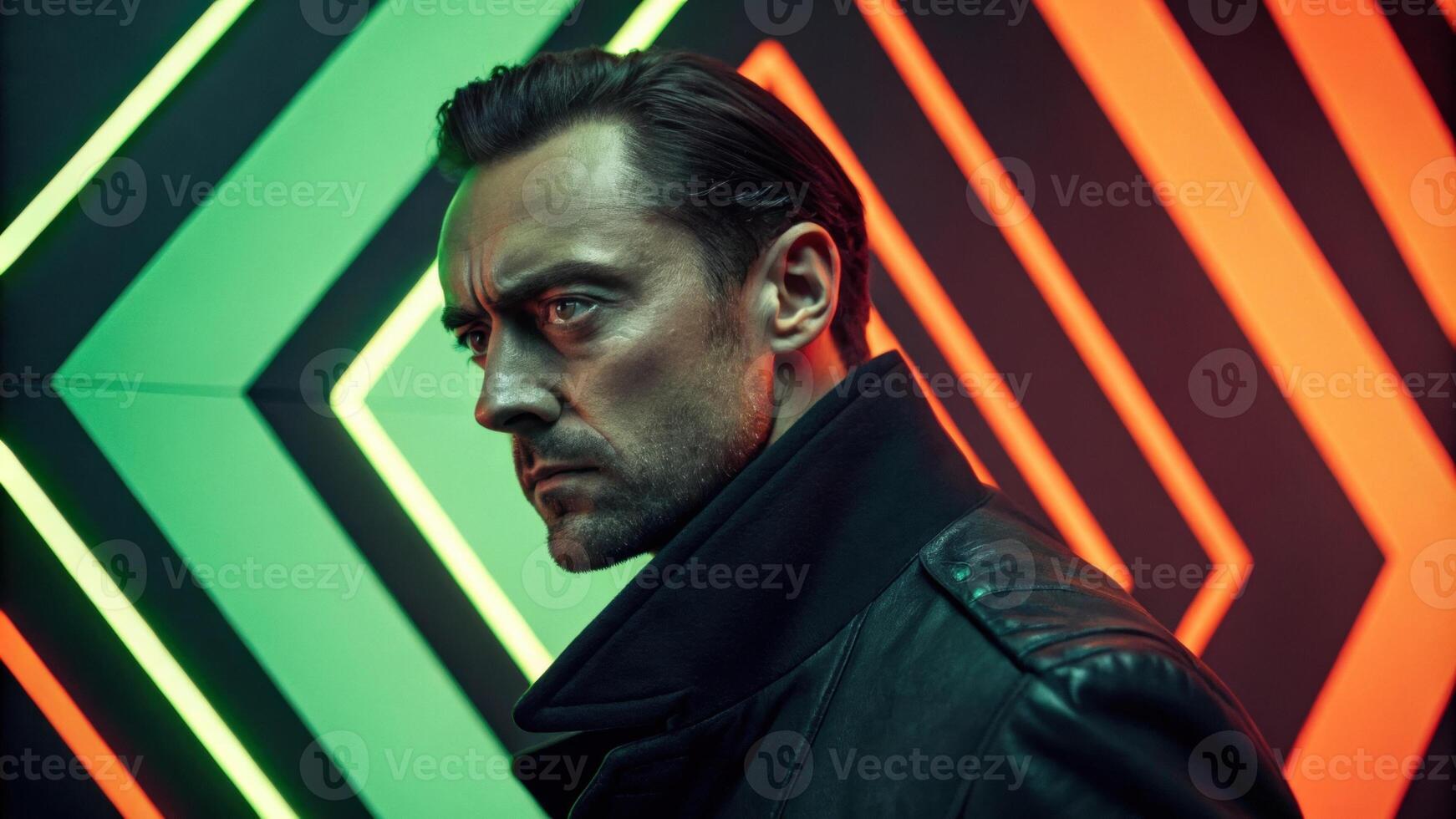 A closeup of a man with a chiseled jawline and deepset eyes framed by a backdrop of bold geometric shapes in neon green and orange. The dynamic patterns ripple around him providing. photo
