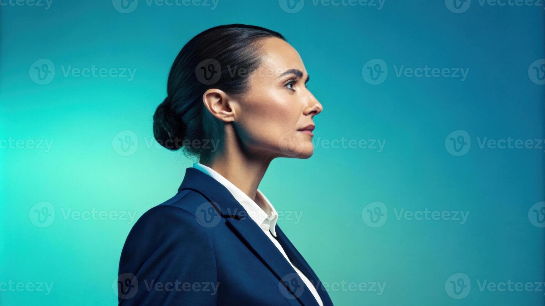 A confident businesswoman is captured in profile her sleek hair pulled back. The gradient ranges from a cool teal at the top to a rich navy at the bottom underscoring her. photo
