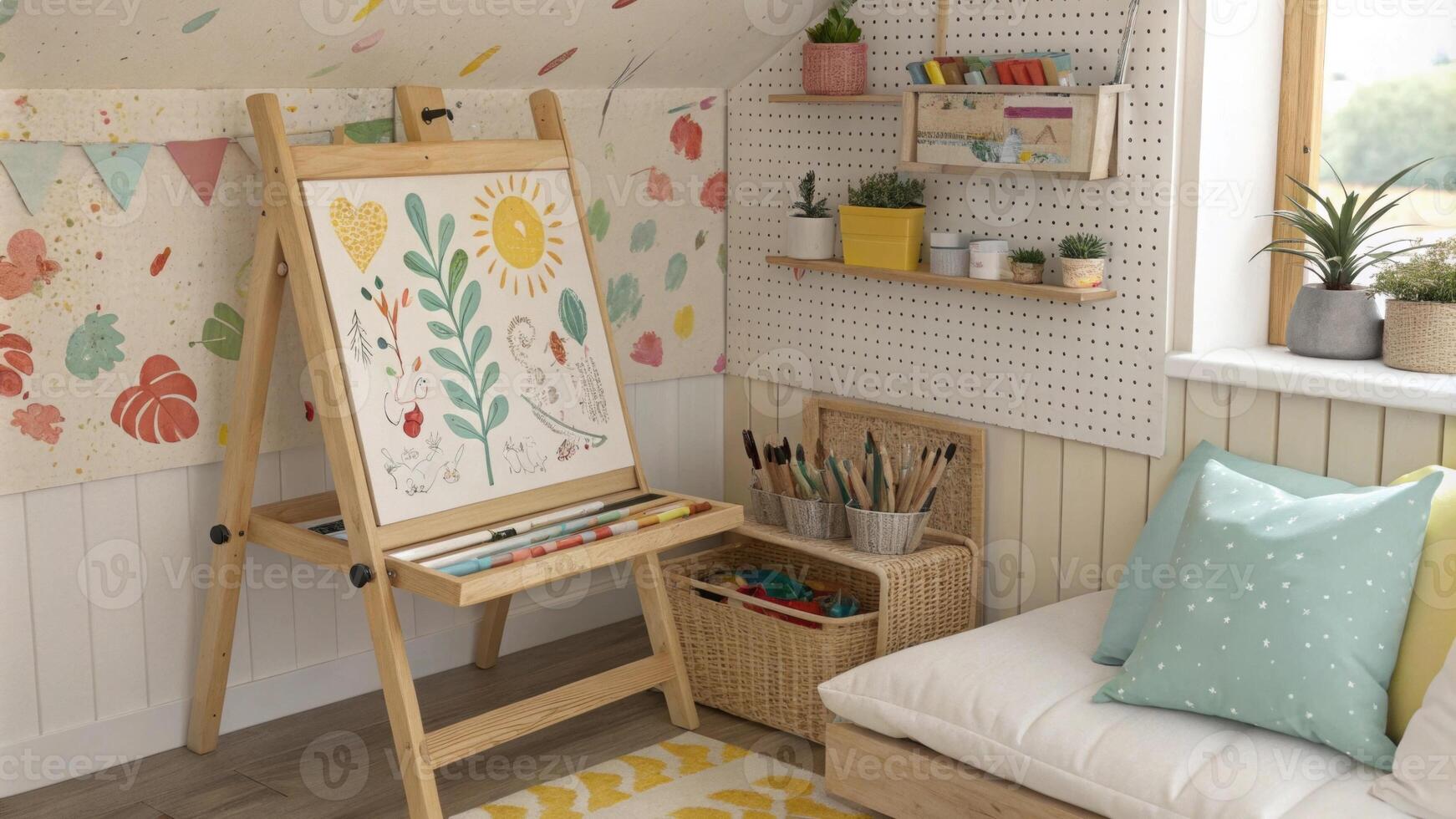 A cozy nook features a charming wooden easel splattered with paint backed by an organized pegboard displaying brushes and paper enveloped in lively wall colors that inspire. photo