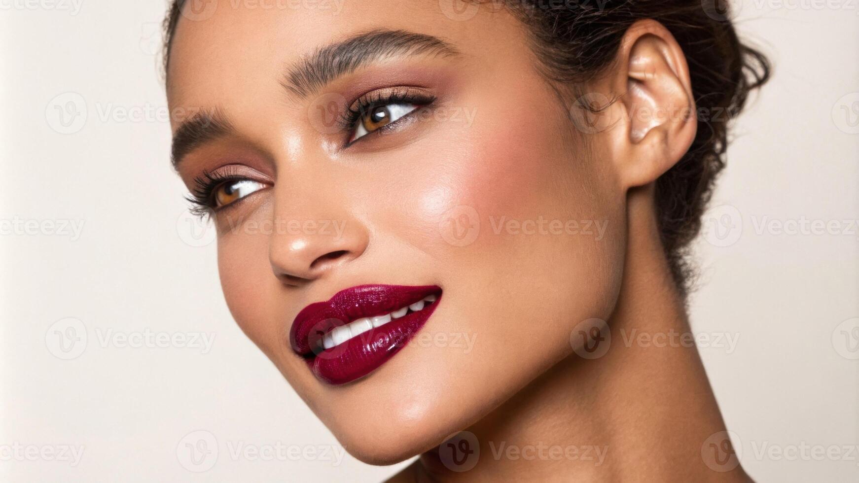 A captivating portrait showcases an individual with an intense shade of berry lipstick that reflects light beautifully. The background is muted and uncluttered drawing the viewers. photo