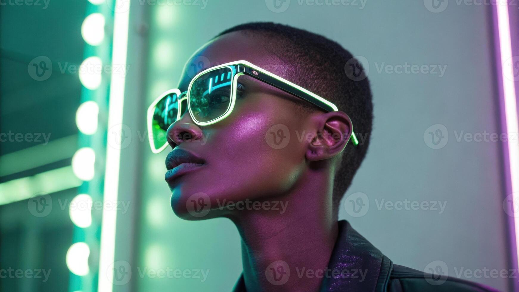 A confident individual poses in front of a softly illuminated background wearing sleek neonreflective glasses. The reflection of subtle neon green and purple hues on the lenses. photo