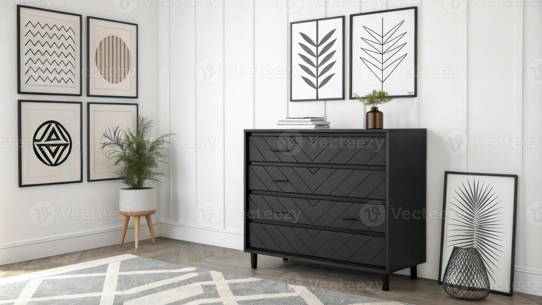 A minimalist dresser finished in matte black stands against a backdrop of stark white artwork that displays bold geometric patterns enhancing the rooms modern aesthetic.. photo