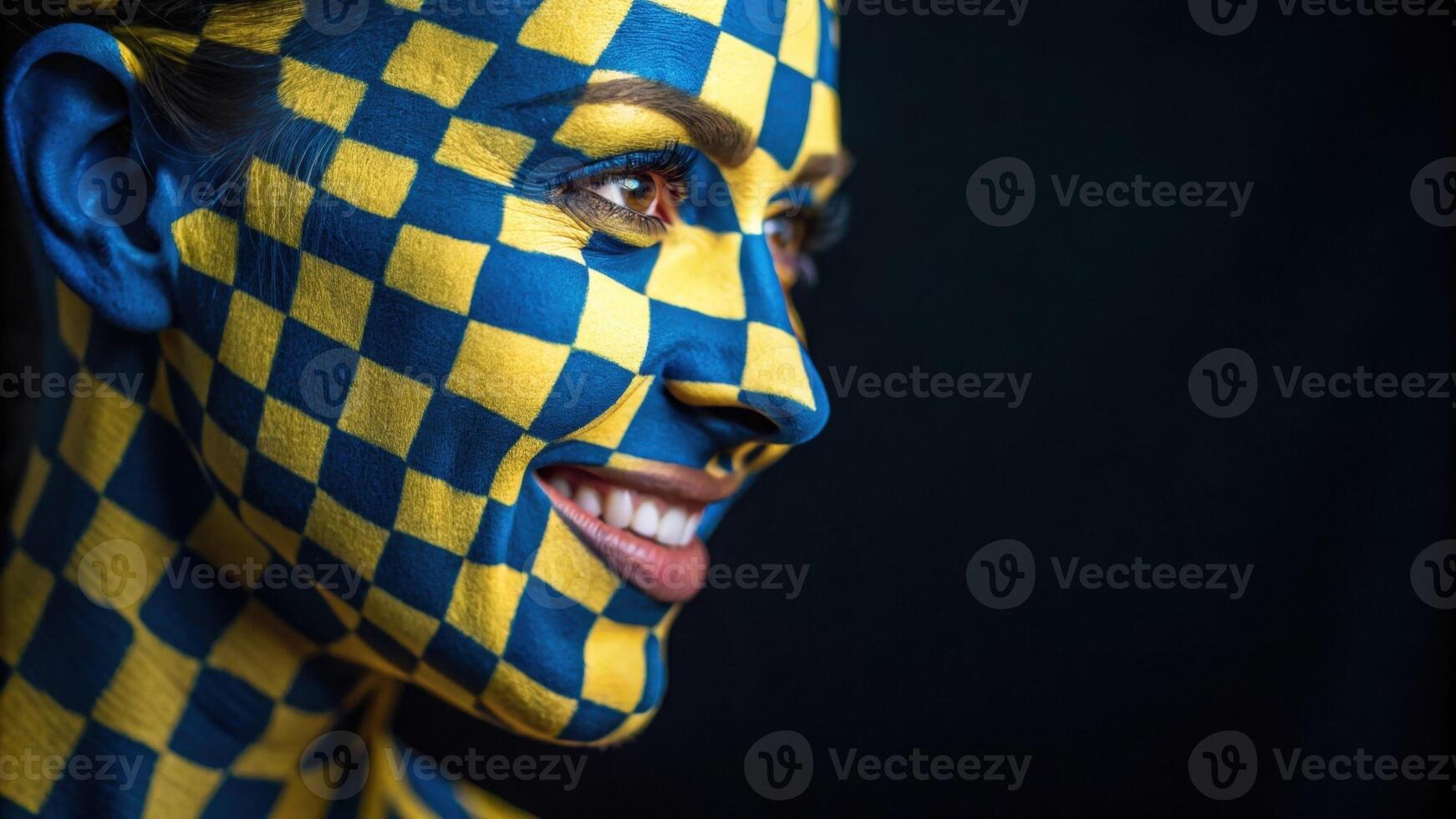 A closeup view reveals a person with their face painted in an eyecatching checkerboard pattern featuring bold shades of electric blue and bright yellow. The neon squares create a. photo