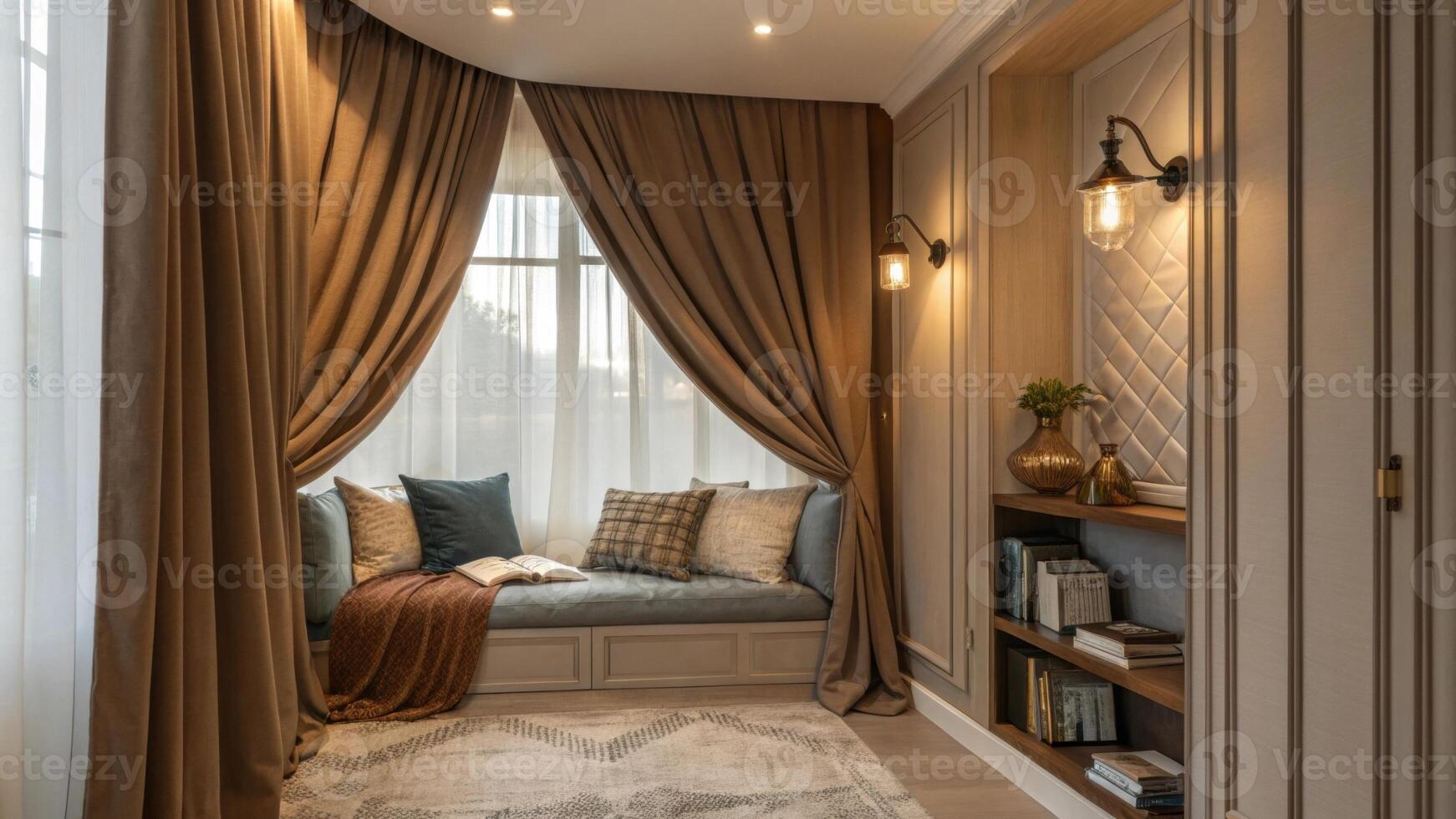 A cozy reading nook is defined by rich flowing curtains that envelop the area in warmth. The soft luminescence from strategically p fixtures complements the soft tones of the. photo