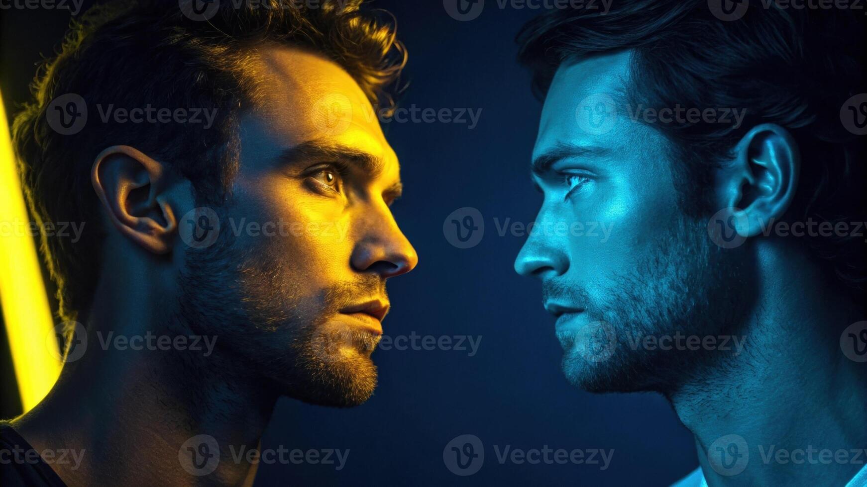A dramatic image of a man the left side of his face aglow with neon yellow light while the right is enveloped in deep blue. His confident stare and the contrasting colors enhance. photo