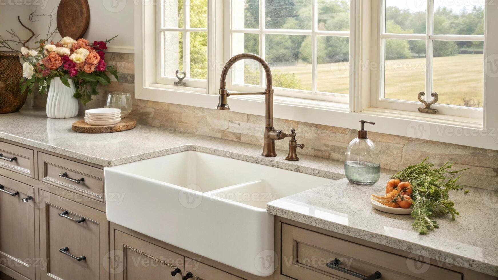 A large farmhouse sink occupies a central position under a window complemented by a bronze faucet enhancing the rustic charm of the space alongside fresh blooms in a simple vase.. photo