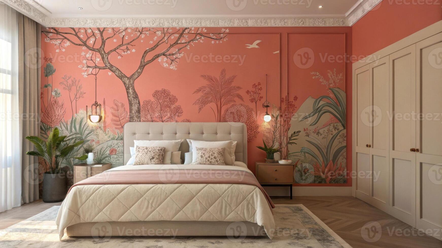 A dynamic space is accentuated by a bold coral wall that energizes the room perfectly contrasted by the soft beige bedding. The headboard showcases an artistic mural featuring. photo