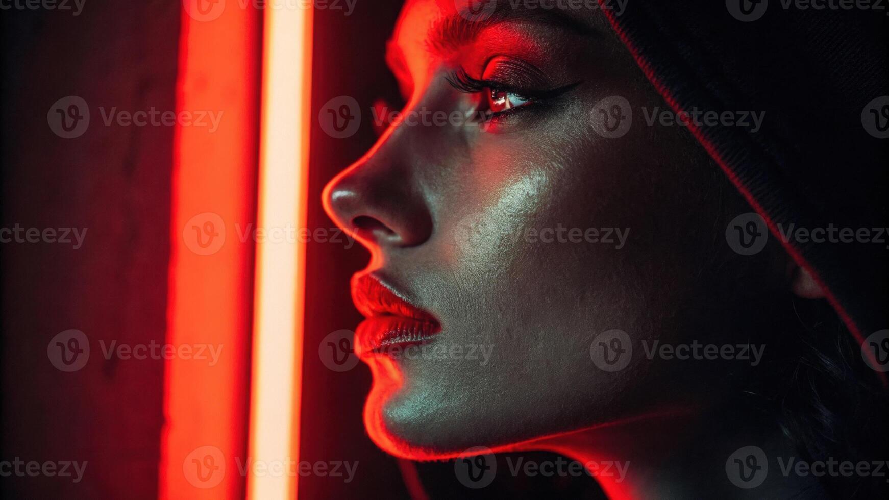 A closeup shot reveals a face caught in halfshadow with one side illuminated by vibrant red neon light that accentuates the lips and brings warmth to the otherwise stark. photo
