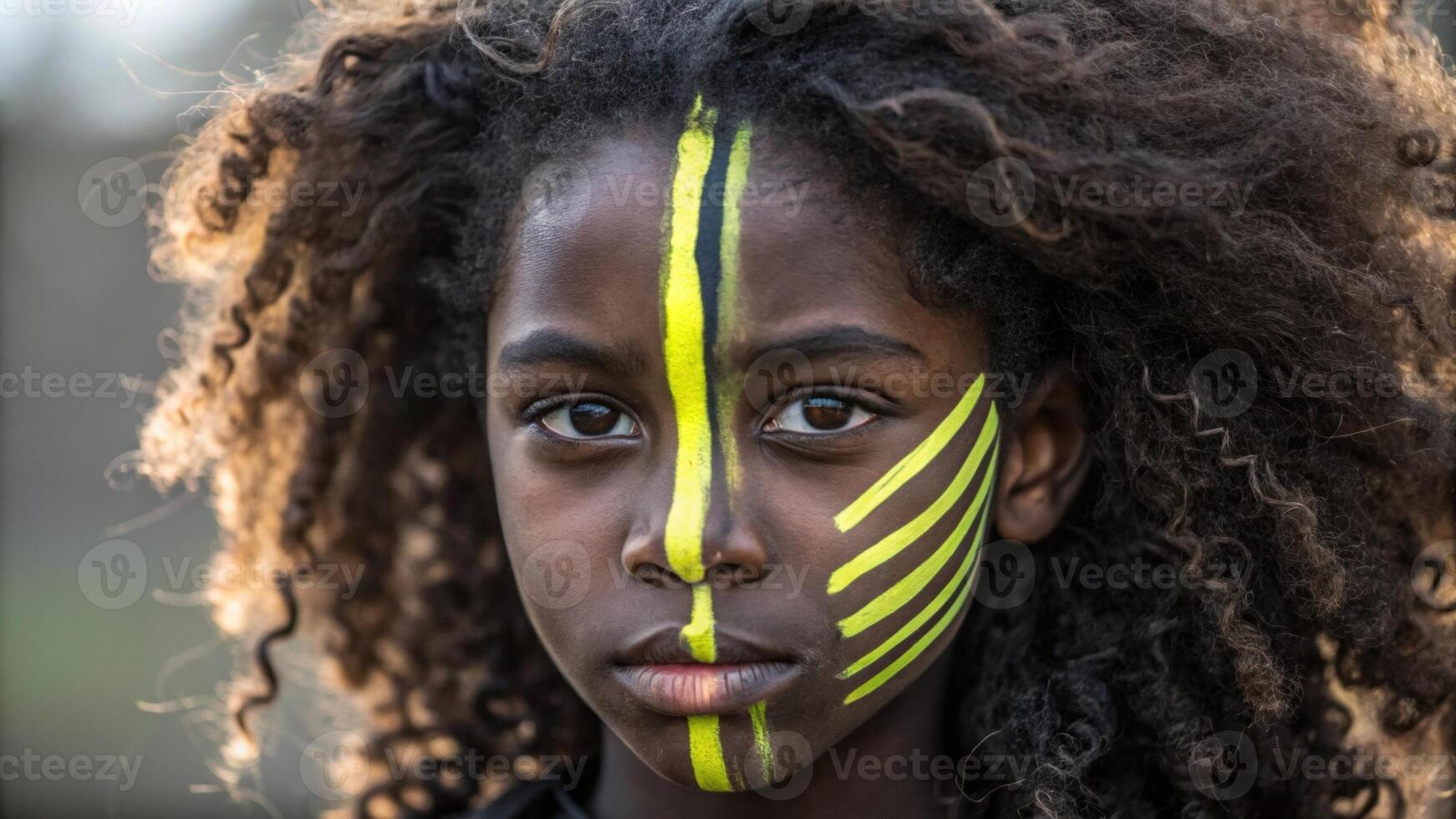 A closeup of a girl whose face is half painted in matte black while the other half glows in neon yellow stripes. Her hair is styled in wild curls and her expression exudes a fierce. photo