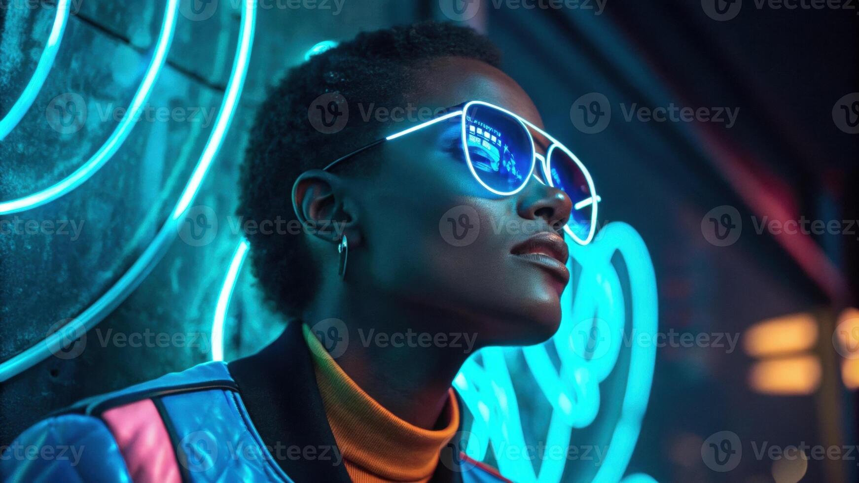 A closeup portrait showcasing a person with high cheekbones and a confident gaze. They have futuristic bluetinted glasses reflecting neon light from their surroundings. Their. photo