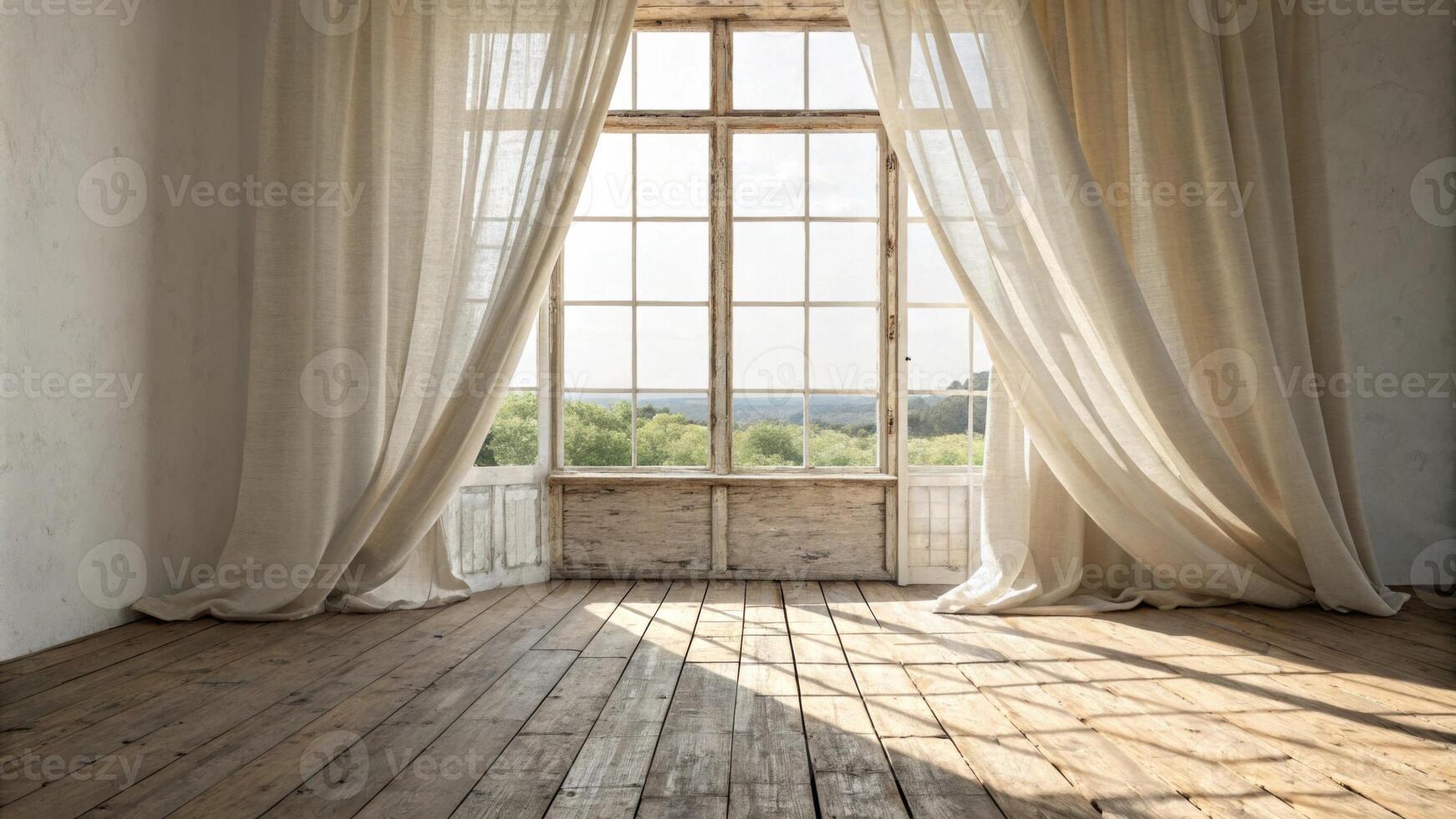 A large window allows natural sunlight to stream in illuminating the distressed wood flooring. Billowing linen curtains frame the view softening the aesthetic and adding a touch of. photo
