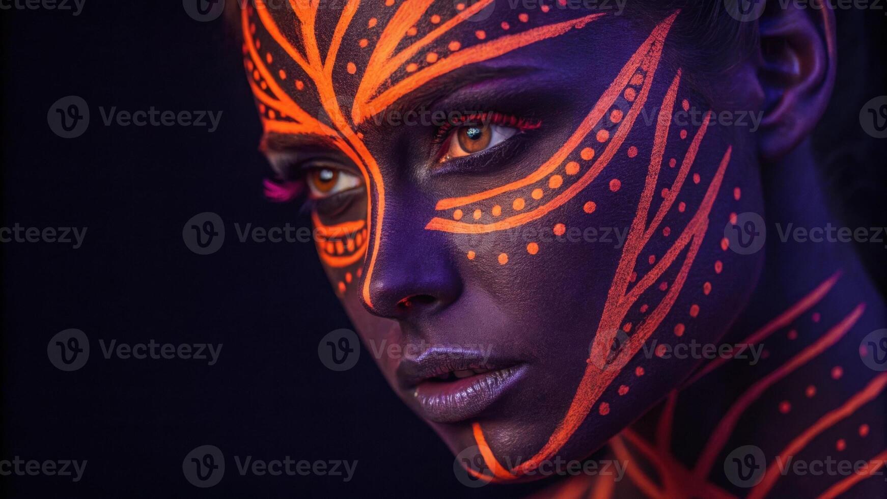 A dramatic closeup of a young womans face painted in striking neon orange and bold violet. The face paint features sharp lines and intricate dots that highlight the contours of her. photo