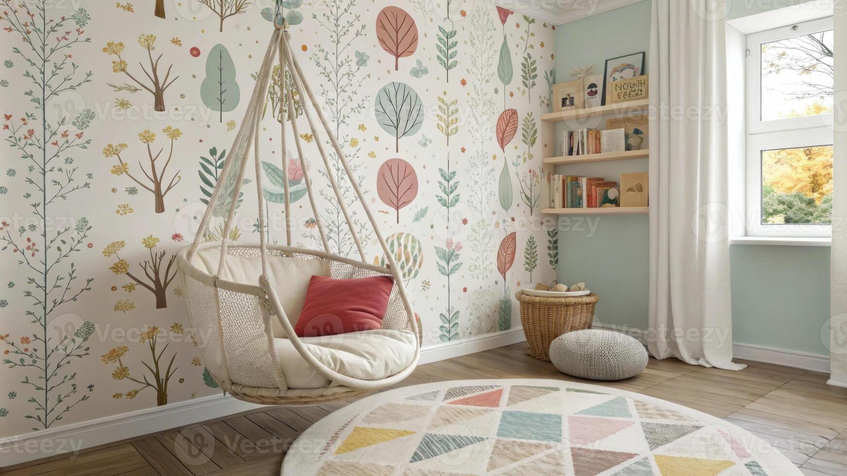 A cozy hanging chair swings gently in the corner inviting little ones to curl up with their favorite stories amidst a playful haven. The soft fabric contrasts nicely against the. photo