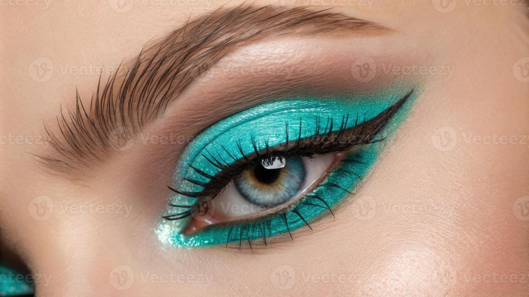 A dazzling portrait of an eye highlighted with luminous neon teal eyeshadow. The inner corner shines with a soft glow emphasizing the eyeliner and the eyes intriguing shape. photo