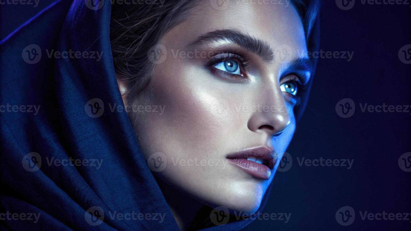 A dramatic portrait showcases a face under a deep indigo spotlight casting an air of sophistication and elegance. The rich color brings out the subjects expressive eyes and. photo