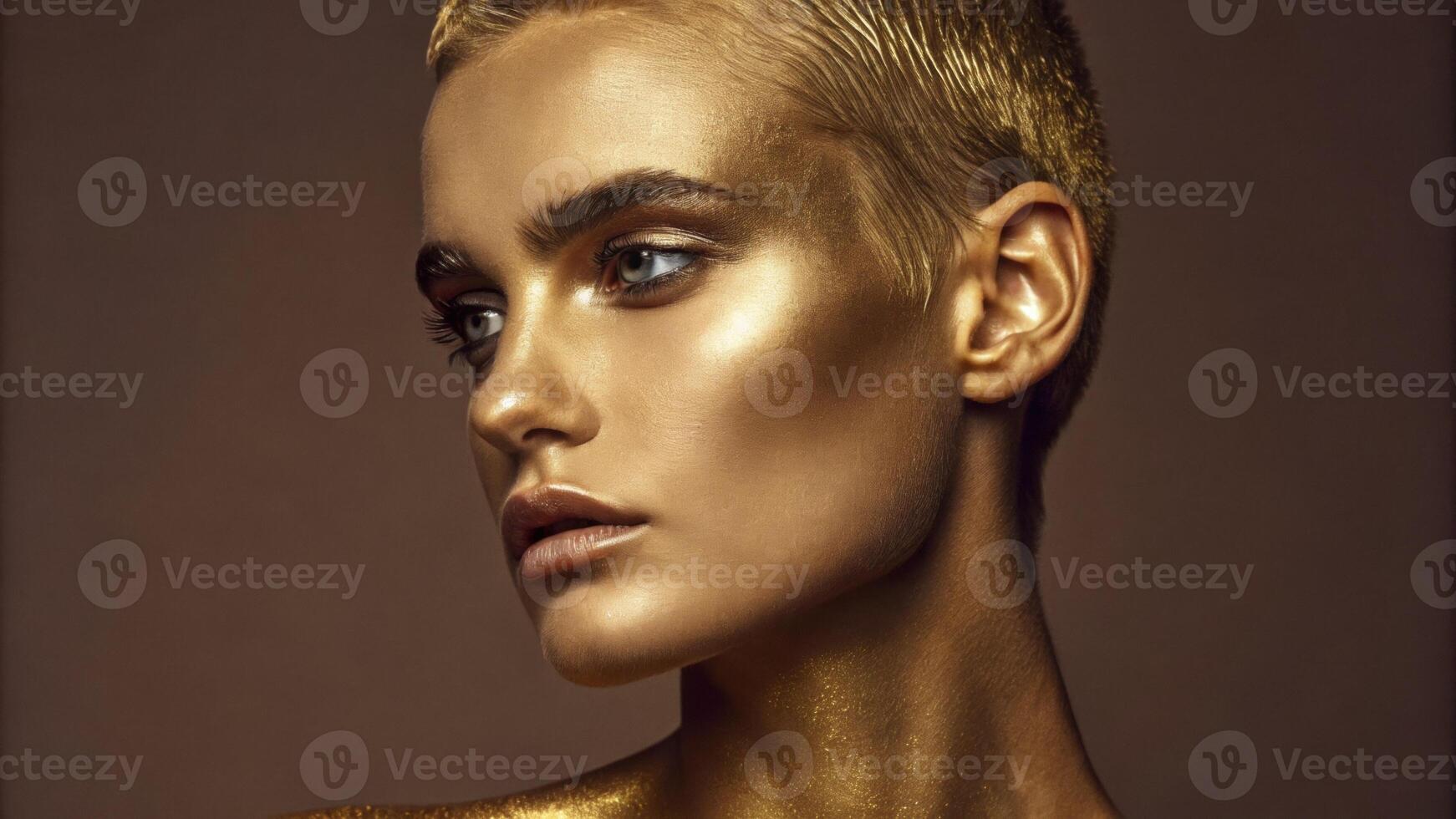 A captivating portrait of a person with a polished face brightened by a fiery golden sheen. Each contour glimmers with light drawing attention to the sharp jawline and cheekbones. photo