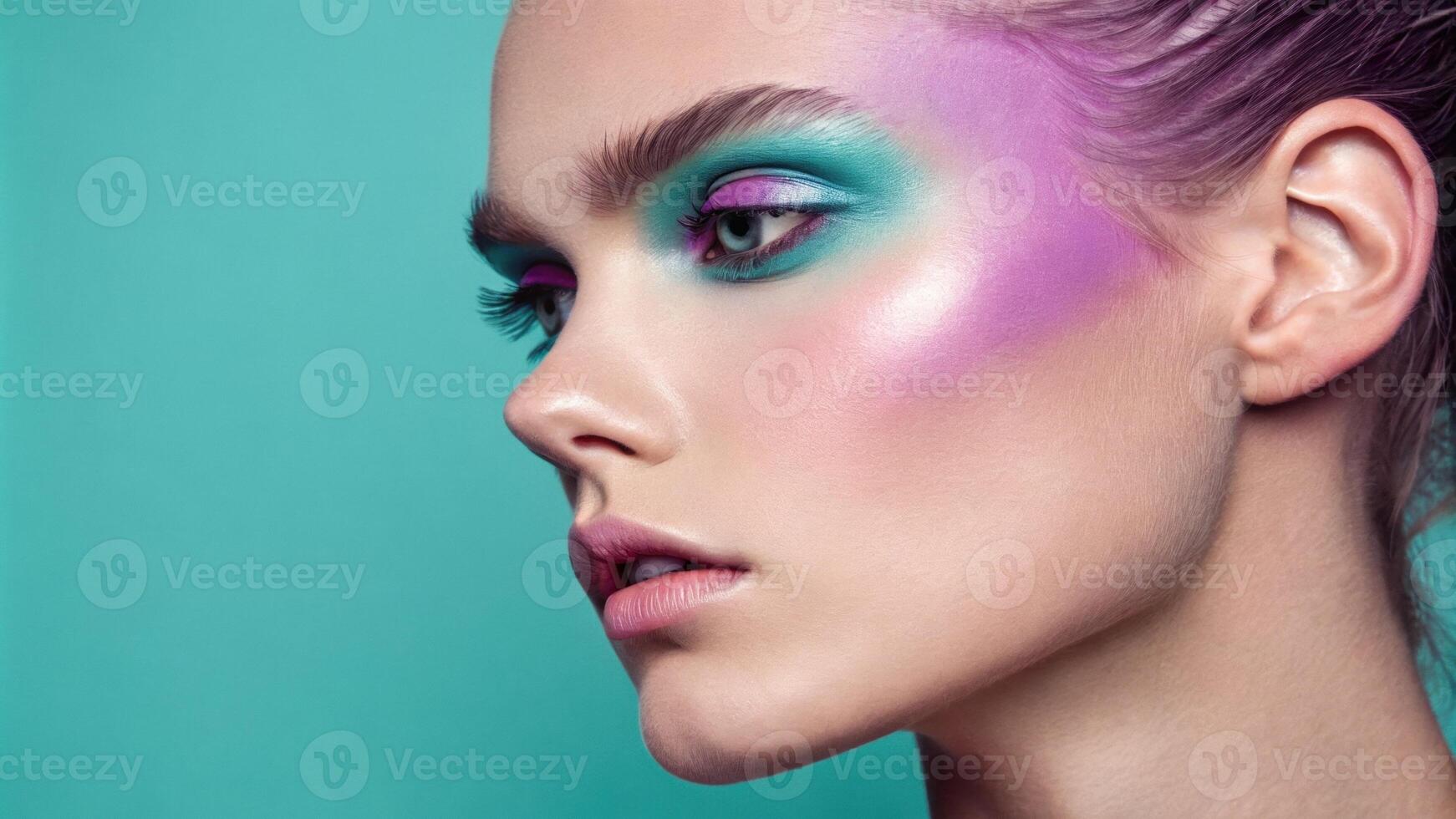 A captivating image where the subjects face displays a gradient from a vivid turquoise on one cheek to a soft lilac on the other resulting in a smooth eyecatching effect.. photo
