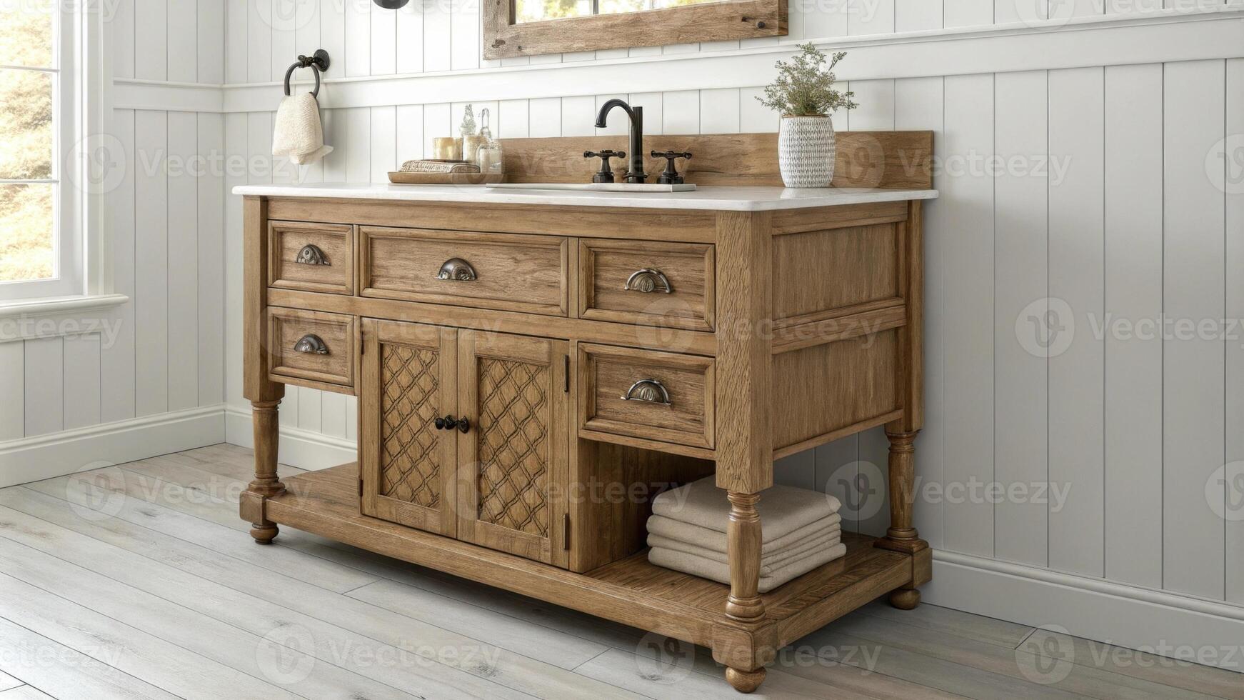 A handcrafted wooden vanity featuring intricate grain patterns sits against the backdrop of whitewashed shiplap adorned with vintagestyle hardware that adds a touch of refined. photo