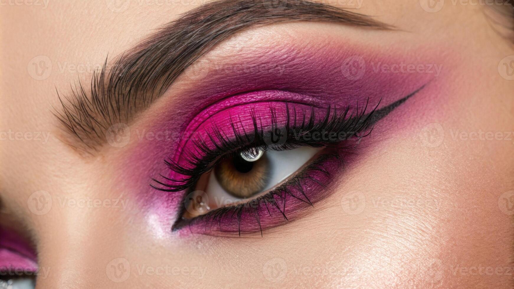 A closeup image showing an eye embellished with a dark yet electric neon magenta eyeshadow. The highlight in the inner corner glistens brightly contrasting beautifully with the. photo