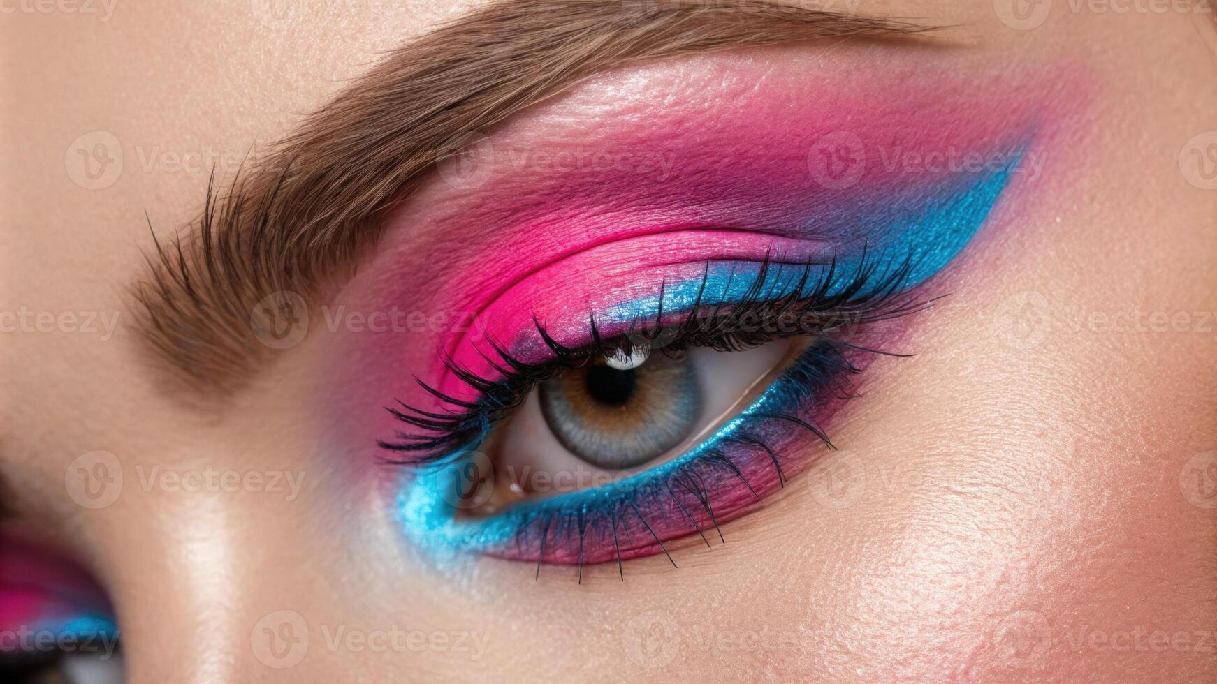 A detailed portrait of an eye showcasing bold neon eyeshadow in vibrant shades of pink and blue. The meticulously blended colors draw attention to the eyelid while the luminous. photo