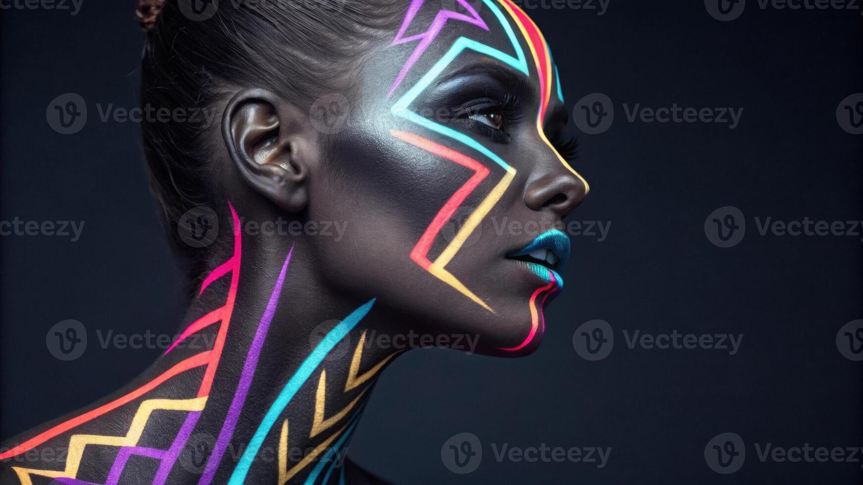 A dramatic image of a face where vivid chevrons and lines in neon colors stretch across the canvas of skin creating a sense of energy and modernity. The patterns highlight the. photo